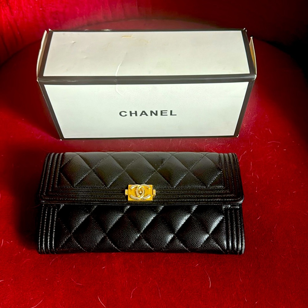 CHANEL BLACK CAVIAR BOY LONG FLAP GUSSET WALLET w/ GOLD HARDWARE